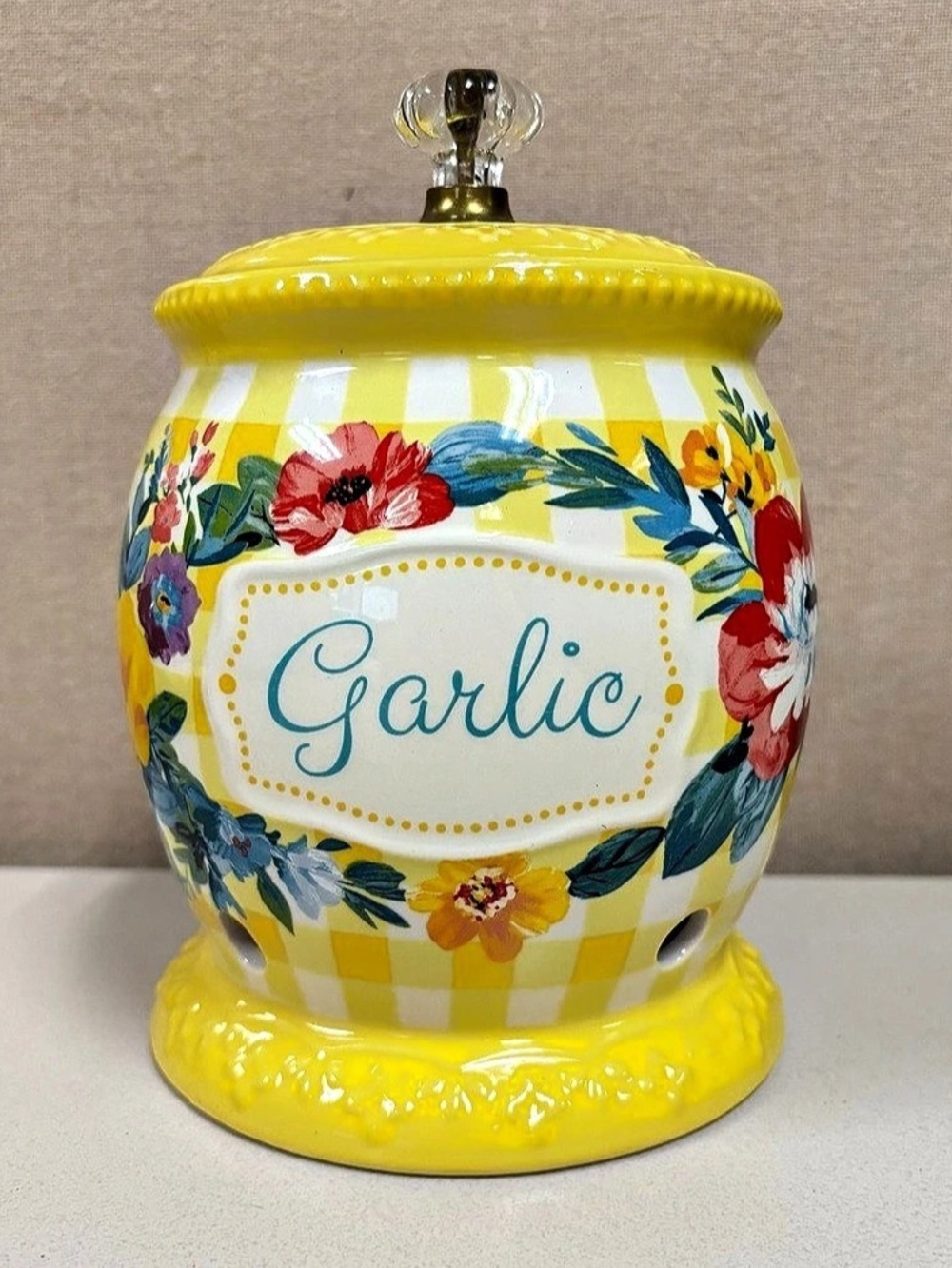 The Pioneer Woman Sweet Romance Yellow Gingham Garlic Keeper Garlic Keeper